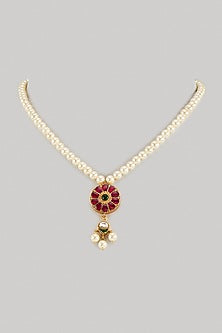 Gold Finish Red Kundan Polki & Pearl Necklace In Sterling Silver