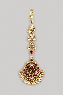 Gold Finish Red Kundan Polki Maangtikka In Sterling Silver