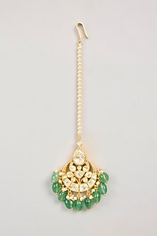 Gold Plated Green Kundan Polki Maang Tikka In Sterling Silver