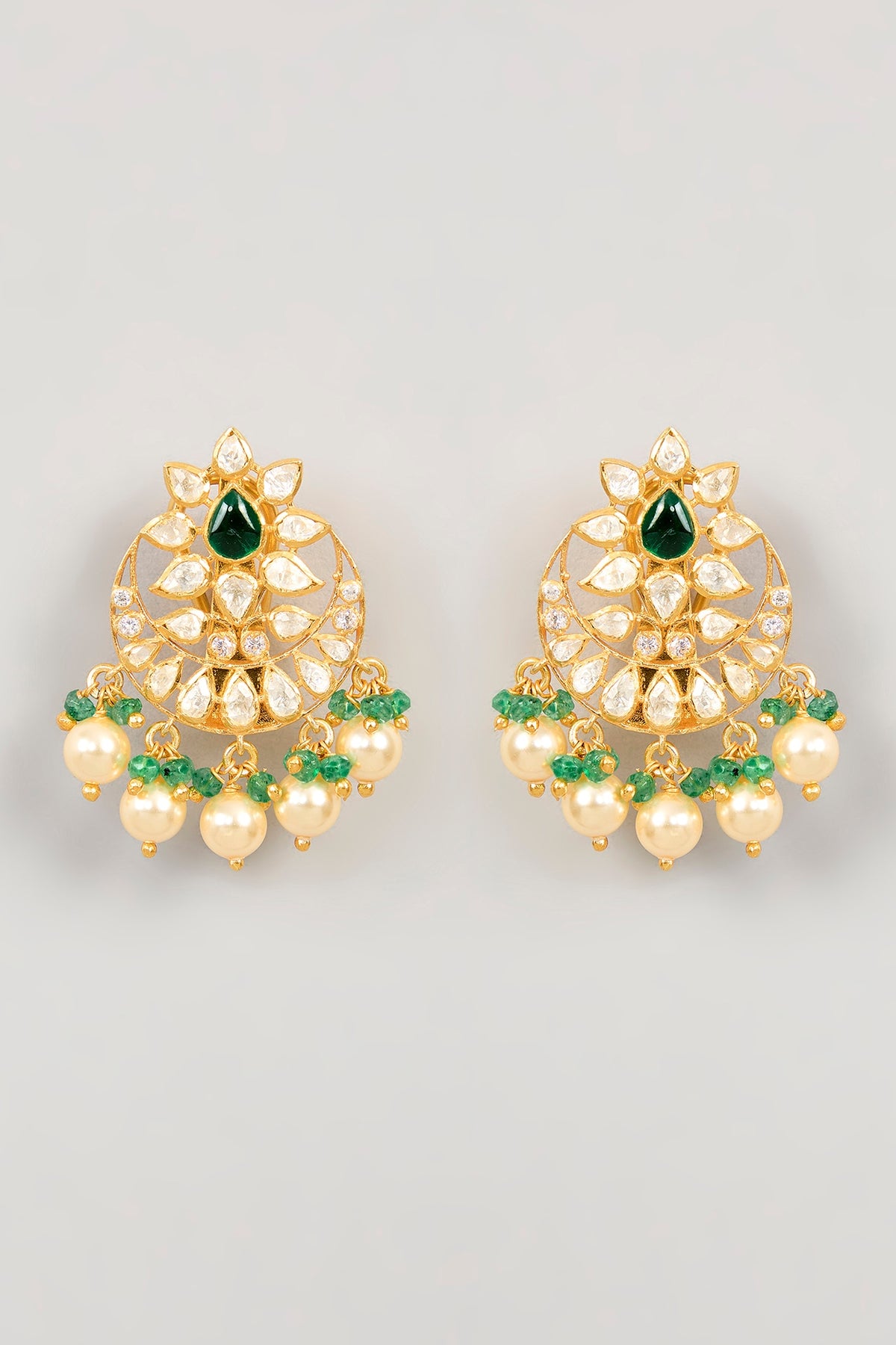 Gold Plated Green Kundan Polki & Pearl Drop Chandbali Earrings In Sterling Silver