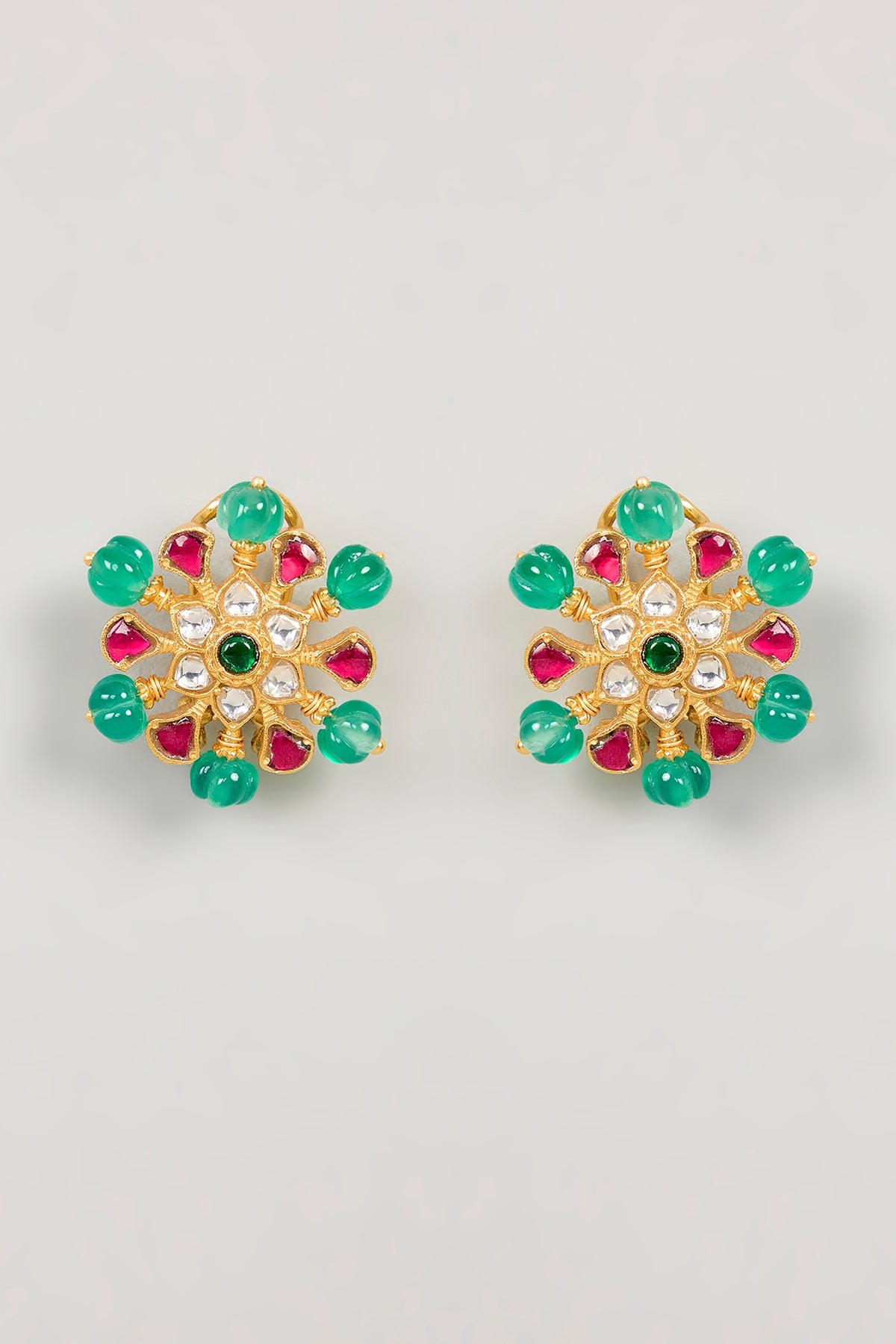 Gold Plated Green Kundan Polki Stud Earrings In Sterling Silver