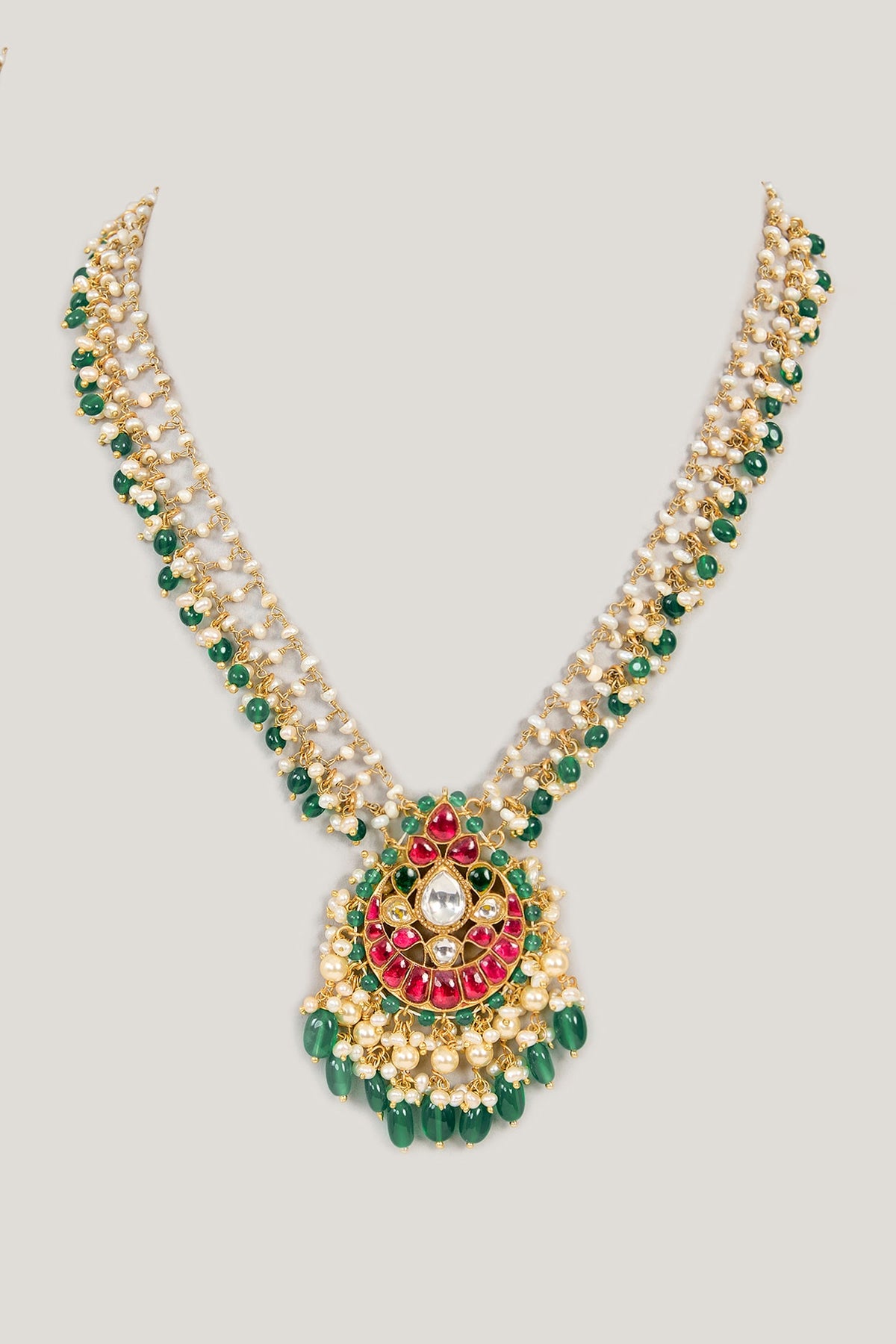 Gold Plated Green Kundan Polki & Beaded Necklace In Sterling Silver