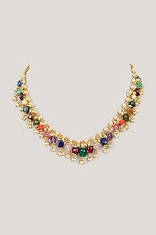 Gold Plated Navratna Stone Necklace In Sterling Silver