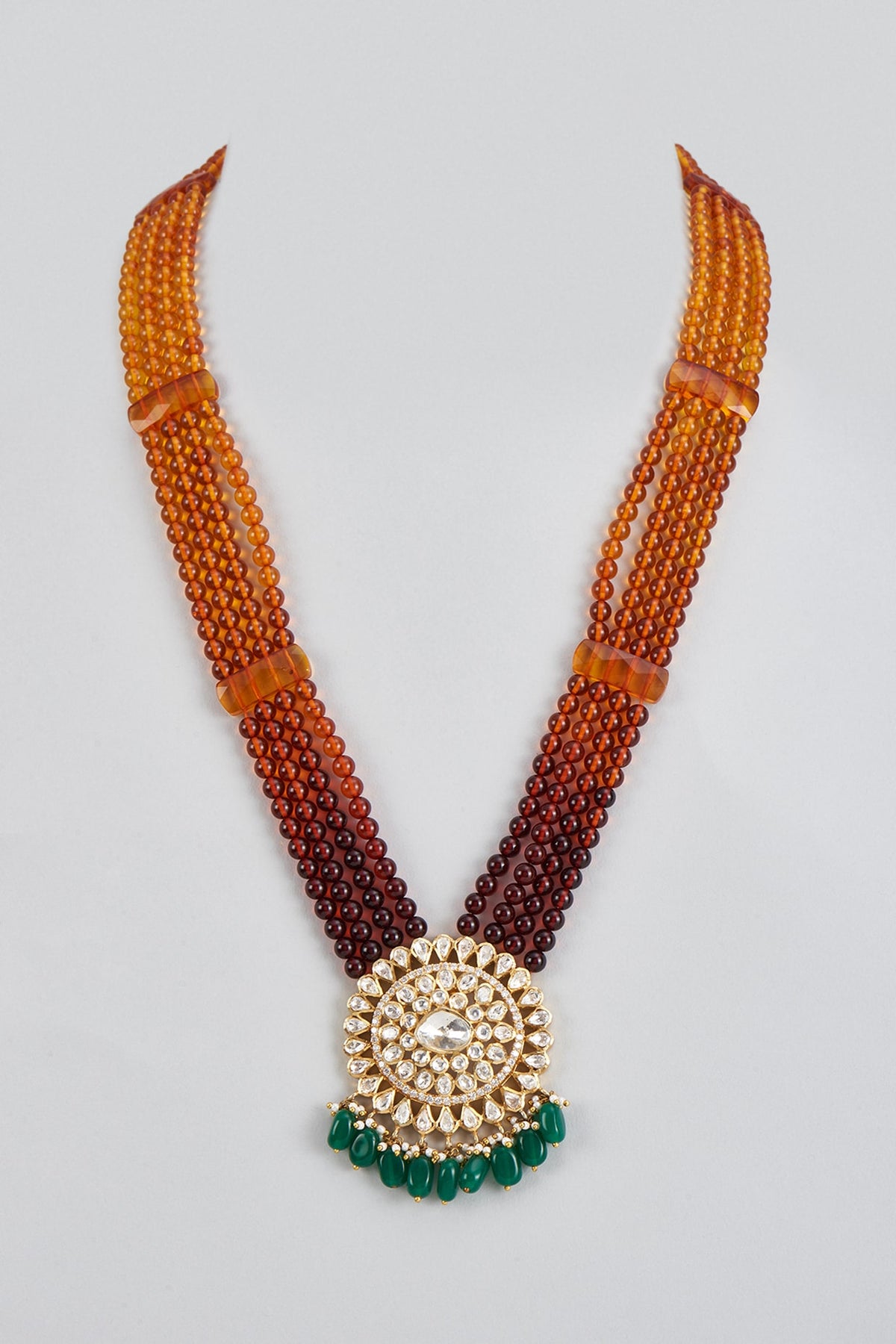 Gold Plated White Kundan Polki & Bead String Long Pendant Necklace In Sterling Silver