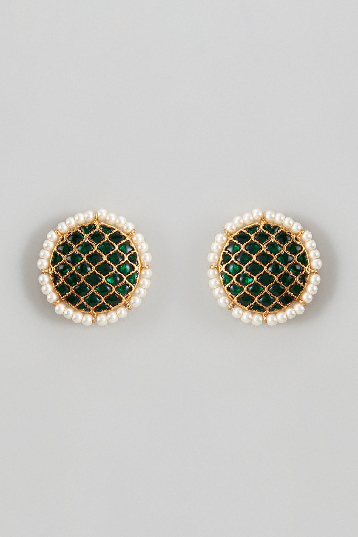 Gold Plated Green Kundan Polki Stud Earrings In Sterling Silver