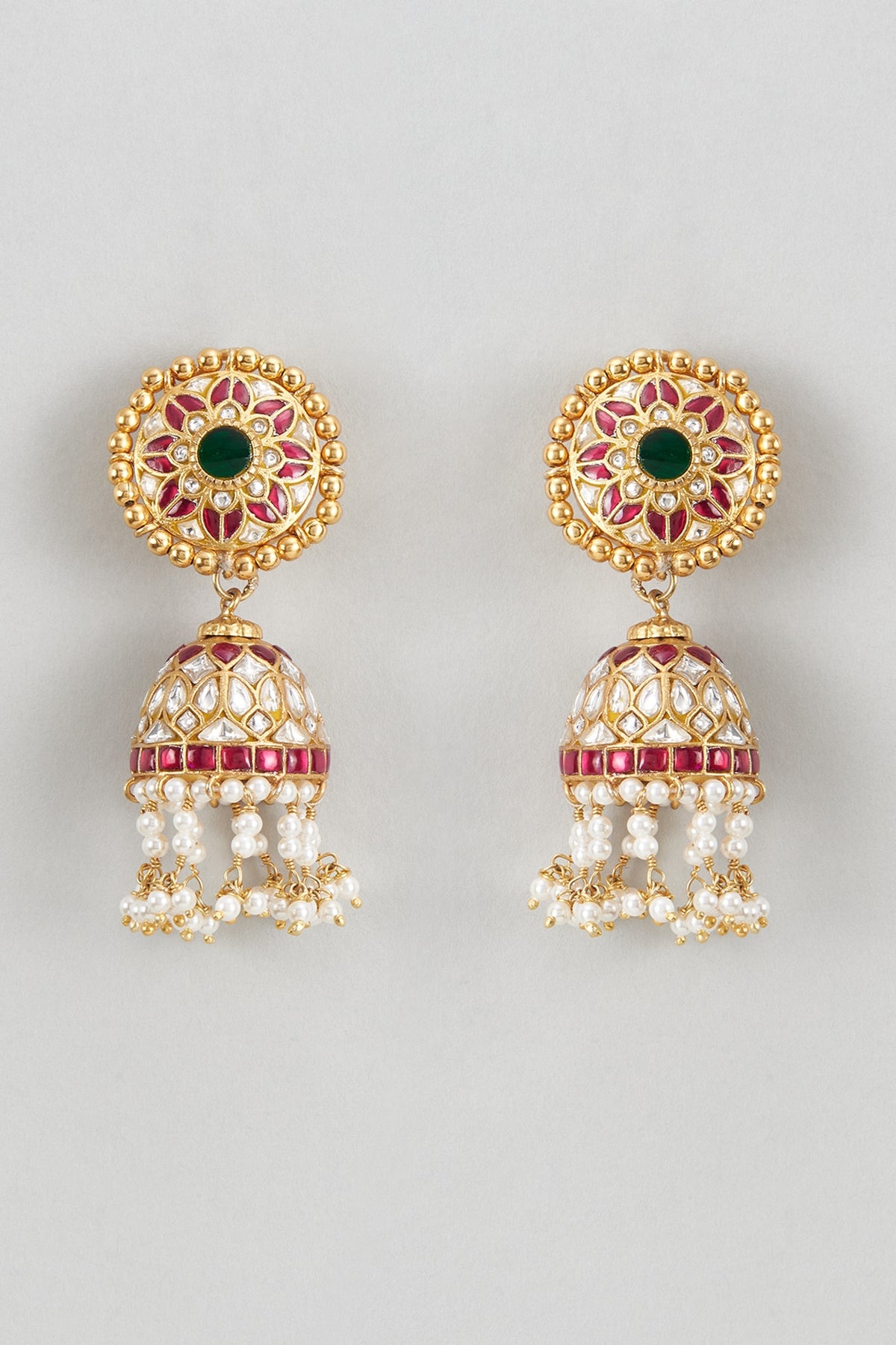 Gold Plated White Kundan Polki & Pearl Jhumka Earrings In Sterling Silver