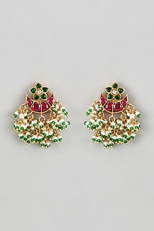 Gold Plated Red Kundan Polki Dangler Earrings In Sterling Silver