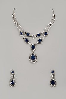 White Finish Zircon & Blue Stone Long Necklace Set