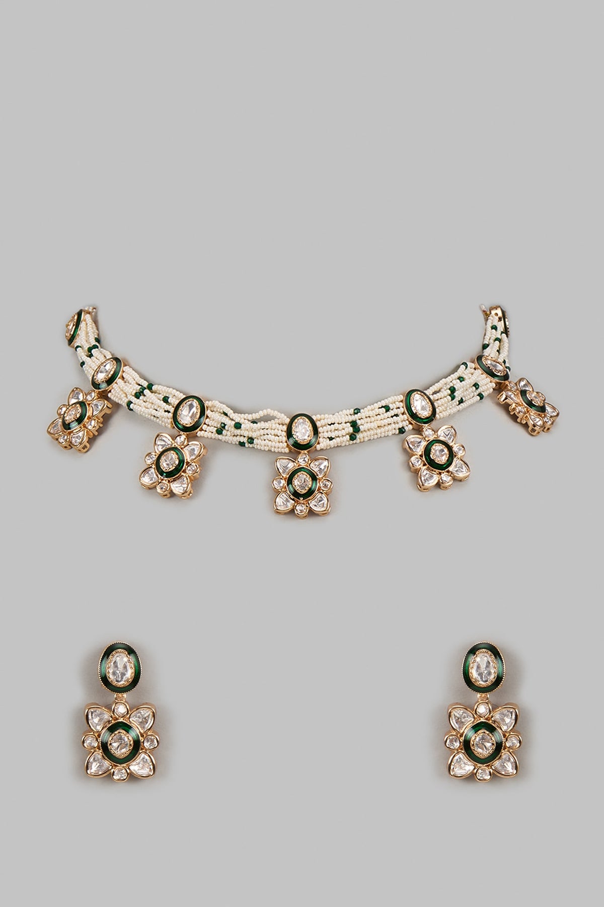 Rose Gold Finish Moissanite Kundan Polki & Moti Choker Necklace Set
