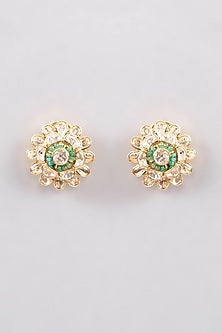 Gold Finish Moissanite Polki & Green Stone Long Necklace Set In Sterling Silver