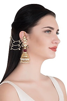 Gold Finish Faux Diamonds & Stone Jhumka Earrings WIth Kan Chain
