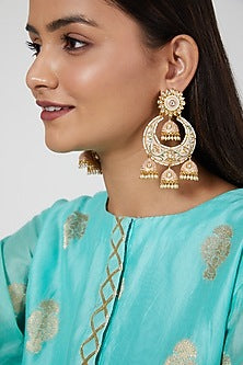 Gold Finish Pearl Enamelled Chandbali Earrings