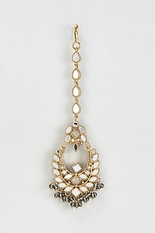 Gold Finish Mirror & Grey Drop Dangler Earrings With Maangtikka