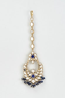 Gold Finish Mirror & Blue Drop Dangler Earrings With Maangtikka