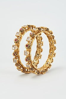 Gold Finish Red Kundan Polki Bangles (Set Of 2)