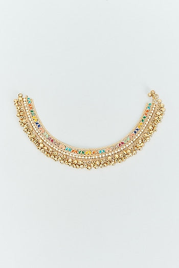 Gold Finish Multi-Colored Stone & Pearl Anklets (Set Of 2)