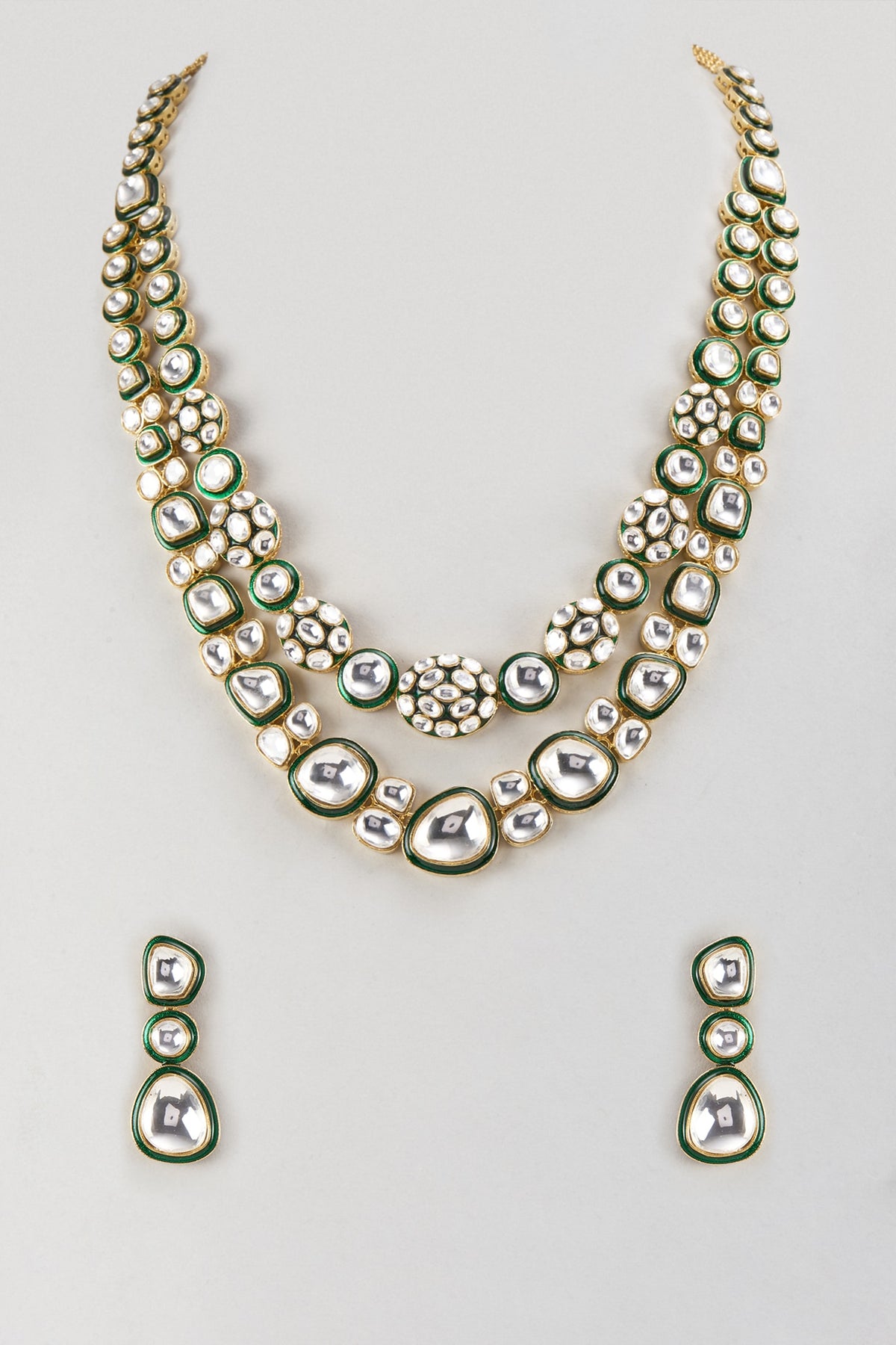 Gold Finish Kundan Polki Green Meenakari Long Necklace Set