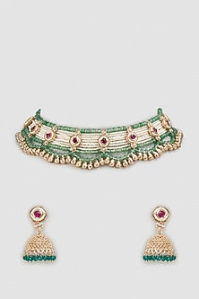 Gold Finish Kundan Polki & Green Pearl Choker Necklace Set