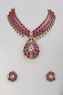 Gold Finish Kundan Polki & Red Stone Long Necklace Set