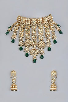 Gold Finish Green Drops & Kundan Polki Necklace Set