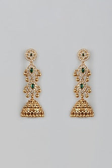 Gold Finish Temple Jhumka Earrings In Sterling Silver