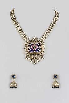 Gold Finish Kundan Polki & Blue Stone Long Necklace Set
