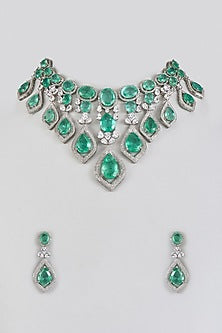 White Finish Zircon & Green Stone Long Necklace Set