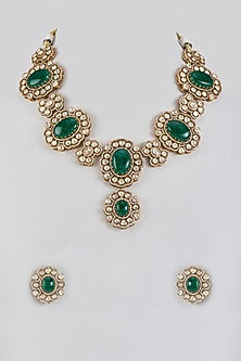 Gold Finish Kundan Polki & Green Stone Long Necklace Set