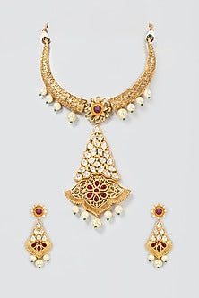 Gold Finish Kundan Polki Long Necklace Set
