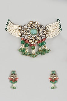 Black Rhodium Finish Kundan Polki & Zircon Choker Necklace Set