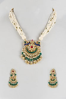 Gold Finish Kundan Polki & Pearl Mala Set