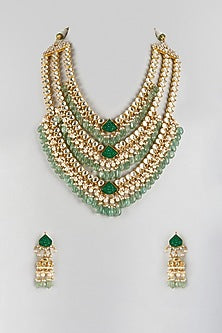 Gold Finish Kundan Polki & Green Drop Long Necklace Set