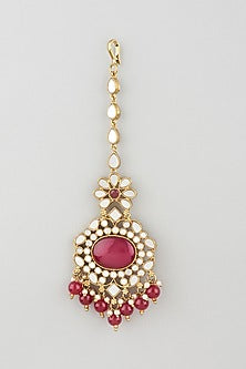 Gold Finish Enamelled Jhumka Earrings With Mangtikka