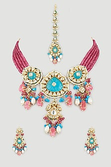 Gold Finish Deep Pink Beaded Necklace Set