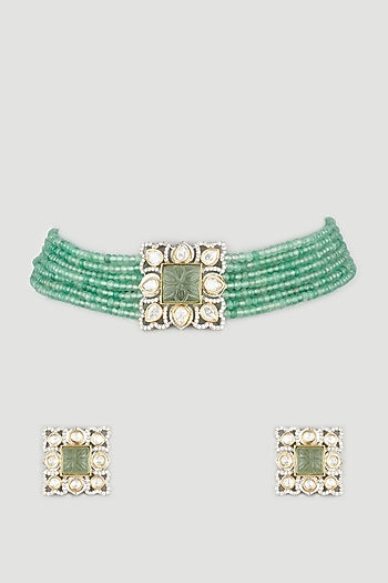 White Finish Aquarium Green Beaded Choker Necklace Set