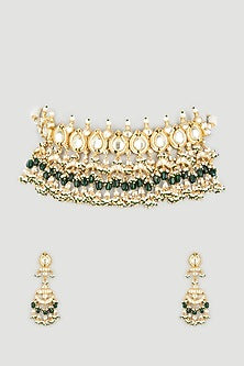 Gold Finish Green Beaded Choker Necklace Set