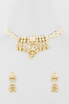 Gold Finish Pearl & Kundan Polki Choker Necklace Set