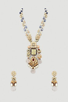 Gold Finish Long Necklace Set With Multi-Colored Stones