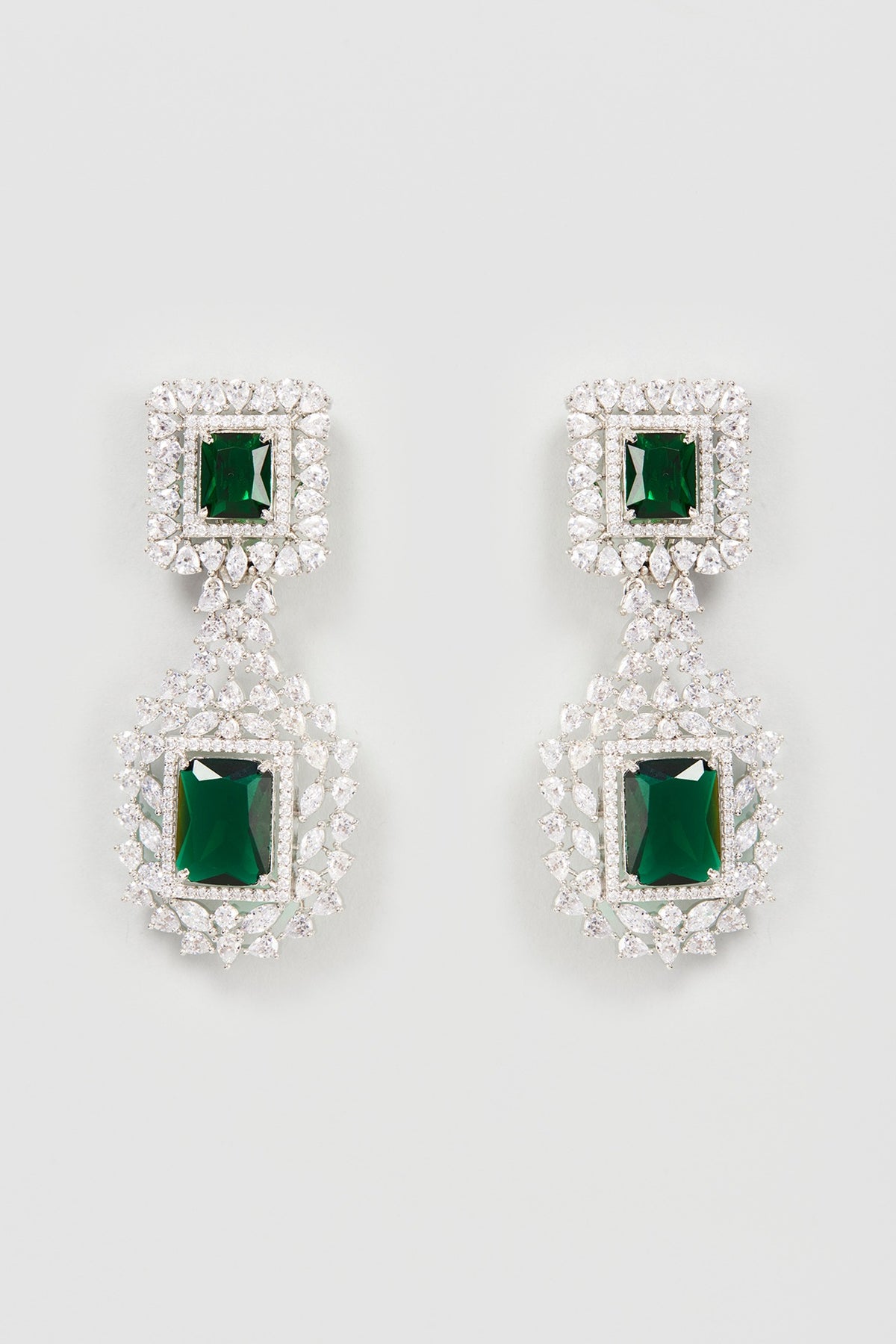 Silver Finish Emerald & Zircon Diamond Earrings