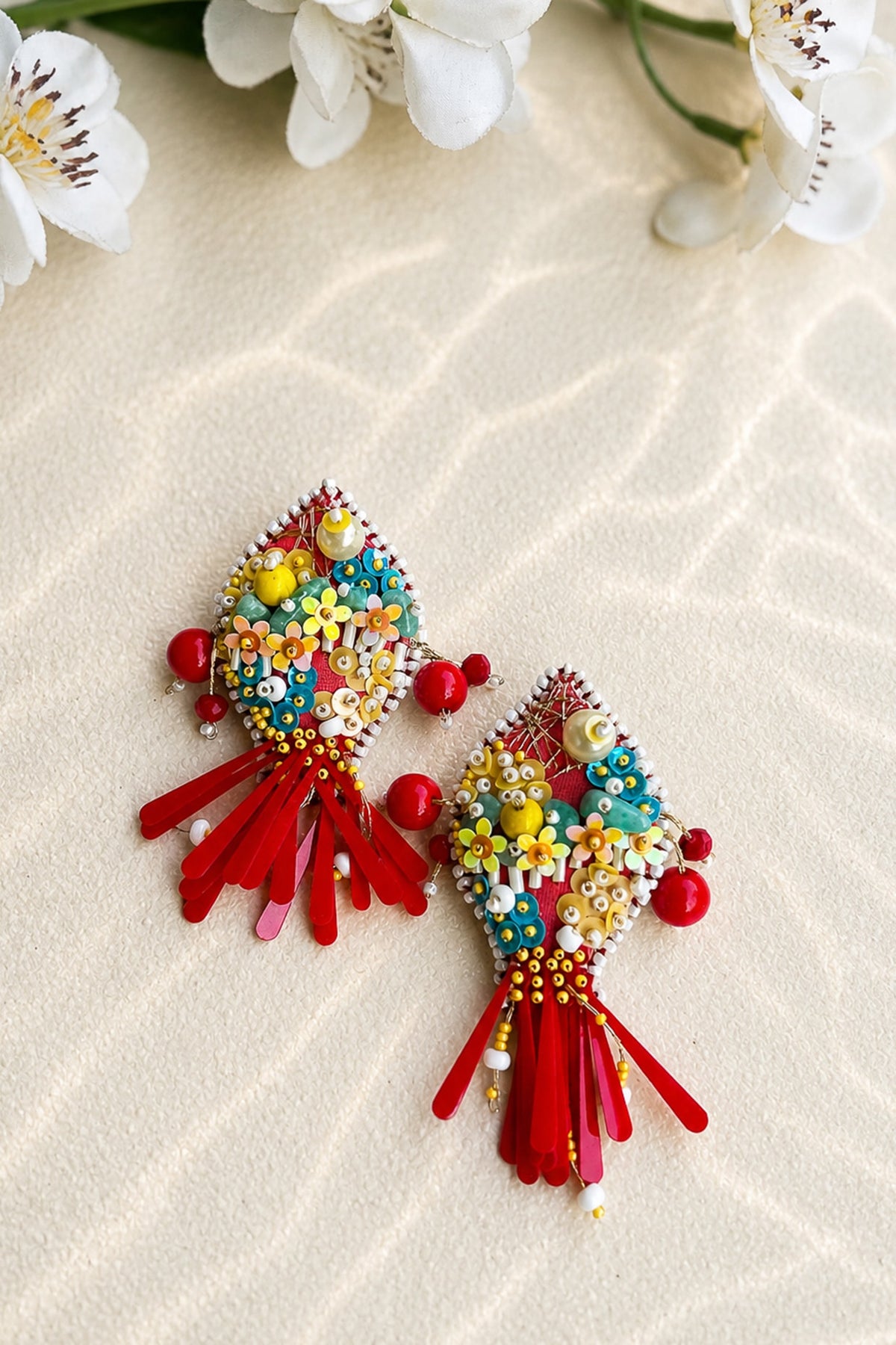 Red Bead Embroidered Fish Dangler Earrings