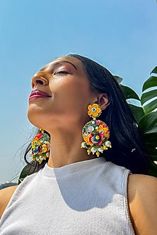 Multi-Colored Floral & Bead Embellished Dangler Earrings