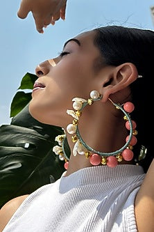 Multi-Colored Pearl & Shell Bead Embellished Handcrafted Hoop Earrings