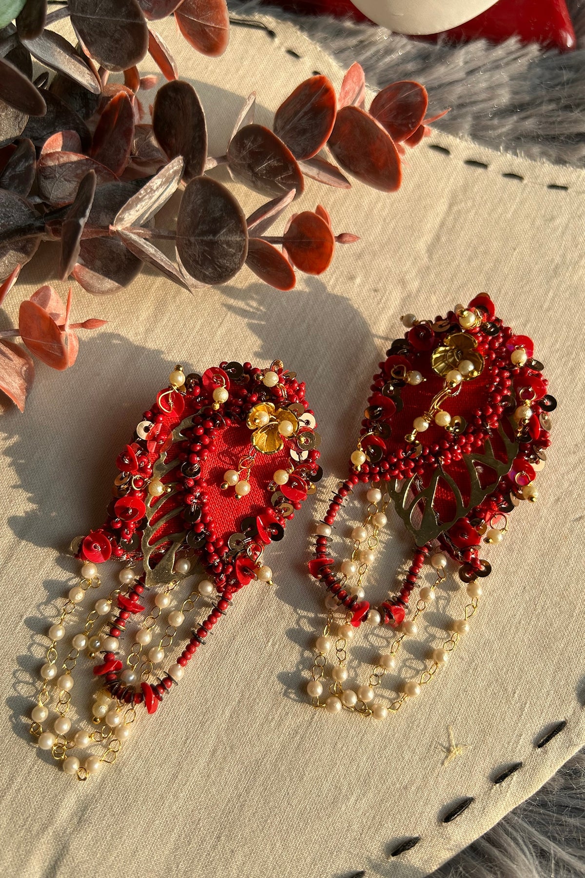 Red & Gold Pearl Embroidered Handcrafted Dangler Earrings