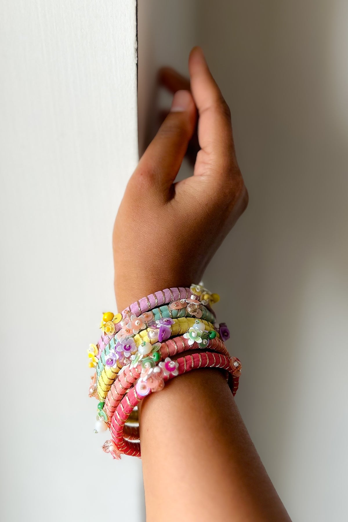 Multi-Colored Hand Embroidered Bangles (Set Of 5)