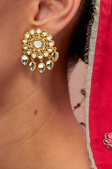 Gold Plated Kundan Polki & Pearl Dangler Earrings