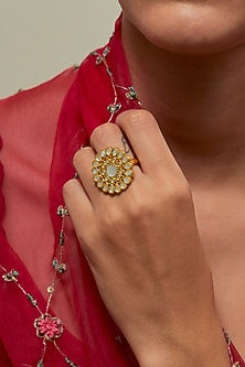 Gold Plated Kundan Polki & Pearl Ring