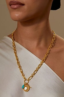 Gold Plated Turquoise Stone & Pearl Necklace