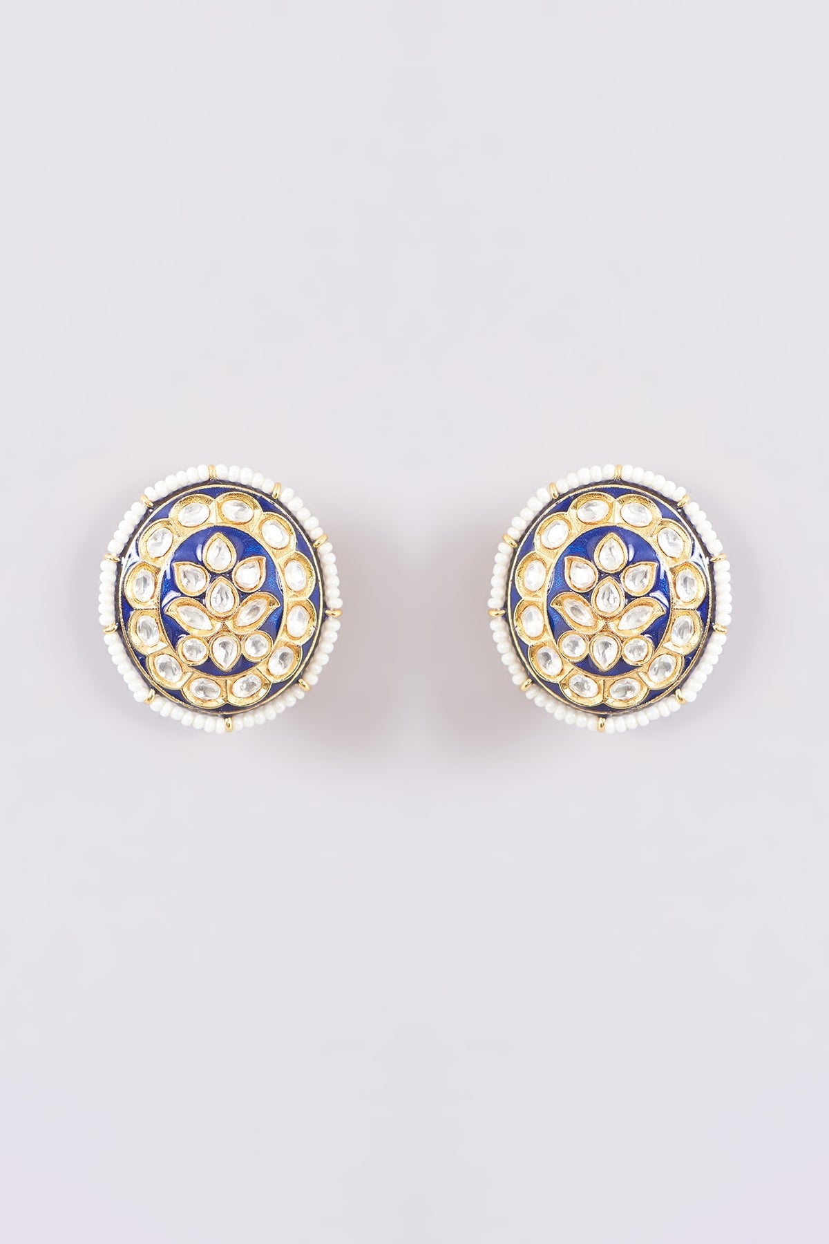 Gold Plated Kundan Polki & Pearl Meenakari Stud Earrings