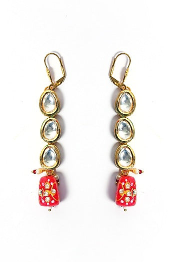 Gold Plated Kundan Polki & Handpainted Beaded Dangler Earrings