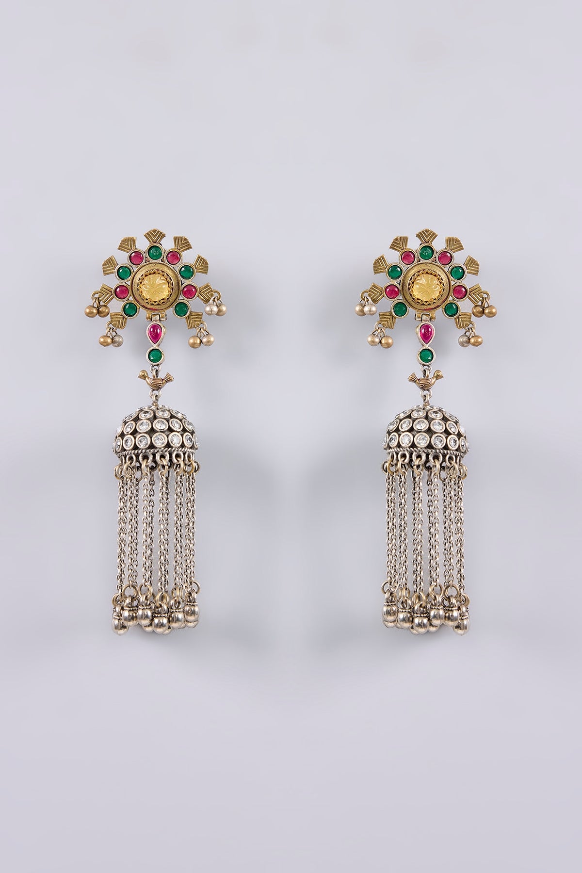 Two Tone Finish Multi-Colored Stone Dangler Earrings